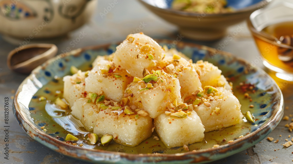 Authentic mongolian cuisine featuring buuz dumplings and milk tea, beautifully presented on ornate dishes with a cultural ambiance Authentic mongolian cuisine featuring buuz dumplings and milk tea, beautifully presented on ornate dishes with a cultural ambiance