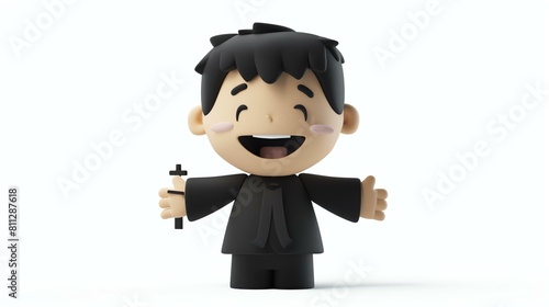3D rendering of a cute smiling priest. The priest is wearing a black cassock and a white collar. He has short black hair and brown eyes.