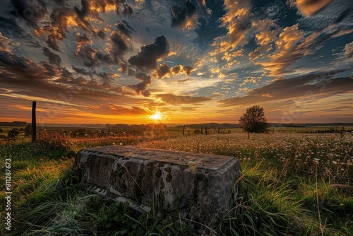 A stone bench sits in the middle of a field under a sunset sky  A peaceful image of a sunset over a battlefield memorial