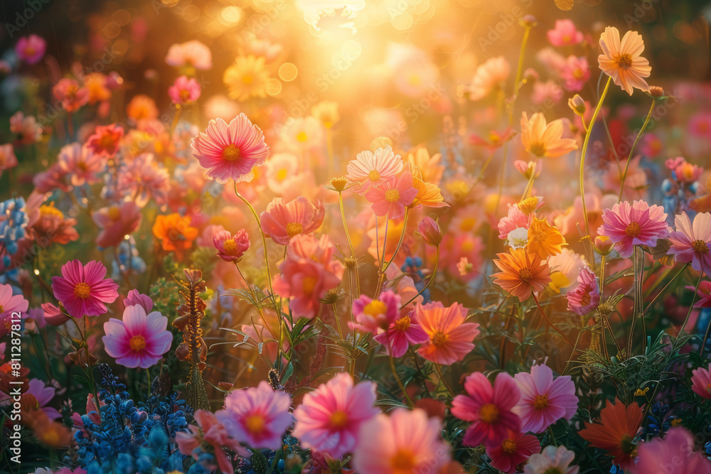 Obraz premium Vibrant painting of a garden where each flower is an investment instrument, flourishing under the sun of economic growth,