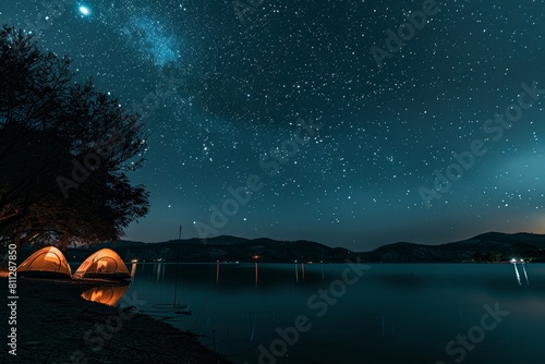 A tent is set up on the shore of a lake under a night sky, highlighting the tranquil camping experience, A peaceful lakeside campground with tents pitched under a sky full of stars