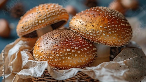  Two loaves of bread on top of a basket on top of a wooden table with other loaves nearby