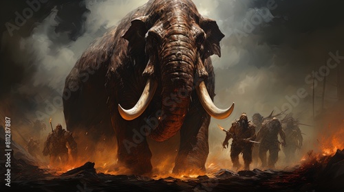 Drawing of a group of prehistoric or fantastic humanoid beings next to a gigantic mammoth. photo