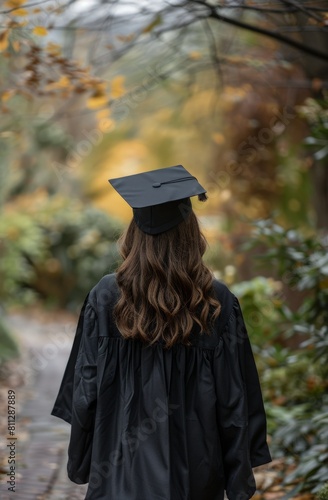 Graduating Woman Walks Down Path