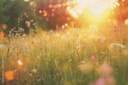 A field of lush green grass under the glowing rays of the sun setting in the background  A peaceful meadow bathed in the soft light of a setting sun