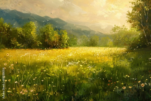 A colorful meadow filled with various flowers and lush trees under soft light, A peaceful meadow bathed in the soft light of a setting sun