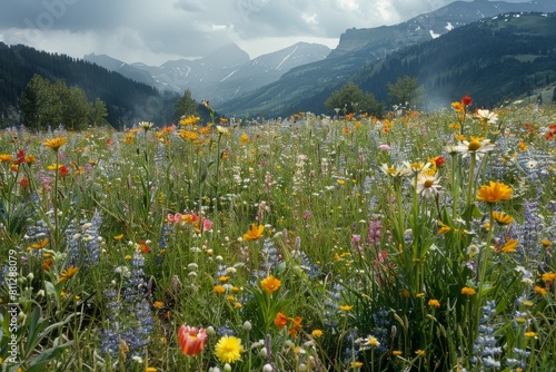 Colorful wild flowers cover the meadow with towering mountains in the background, A peaceful meadow dotted with colorful wildflowers © Iftikhar alam
