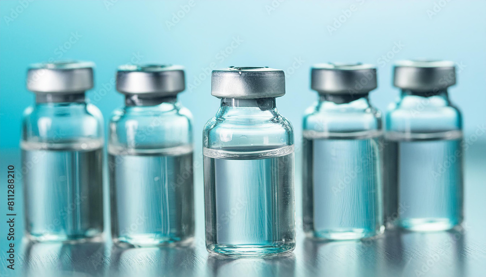 Glass vials with liquid drug. Vaccination concept. Vaccine for virus infection. Blue tones. Glass vials with liquid drug. Vaccination concept. Vaccine for virus infection. Blue tones.