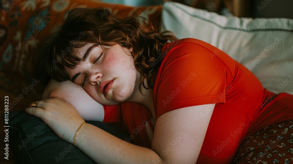 Lazy Day Oversized Fat Lady Sleeping on the Couch Sofa Wearing a Red T-Shirt Lazy Day Oversized Fat Lady Sleeping on the Couch Sofa Wearing a Red T-Shirt