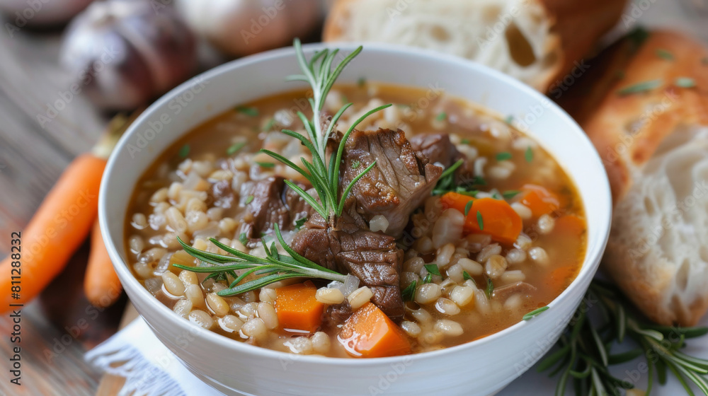 Savory mongolian beef soup with barley, carrots, and rosemary, presented in a white bowl with a side of freshly baked bread Savory mongolian beef soup with barley, carrots, and rosemary, presented in a white bowl with a side of freshly baked bread