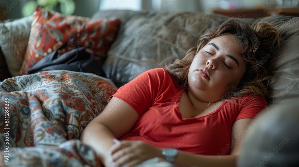 Lazy Day Oversized Fat Lady Sleeping on the Couch Sofa Wearing a Red T-Shirt Lazy Day Oversized Fat Lady Sleeping on the Couch Sofa Wearing a Red T-Shirt