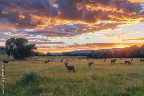 A herd of deer stands on top of a grassy field  A peaceful meadow dotted with grazing deer under a pastel sunset sky