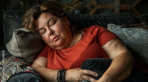 Lazy Day Oversized Fat Lady Sleeping on the Couch Sofa Wearing a Red T-Shirt