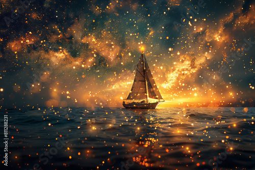 Artistic rendering of a sailboat under a starry sky, navigating by the stars of market trends,