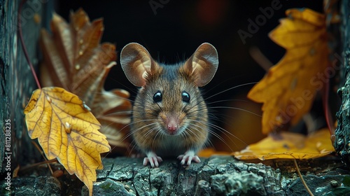   A mouse on a tree branch  with leaves in the foreground and a dark background