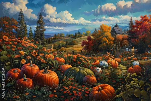 A painting featuring a field filled with vibrant pumpkins, A peaceful meadow dotted with vibrant pumpkins and gourds photo