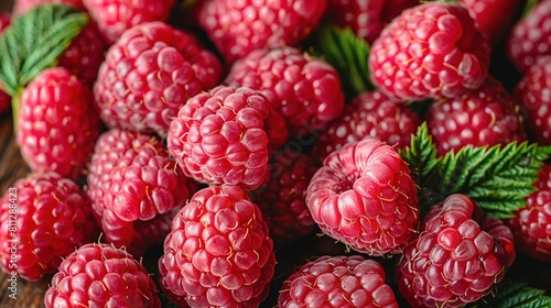  A high-resolution close-up of fresh red raspberries with lush green leaves on top