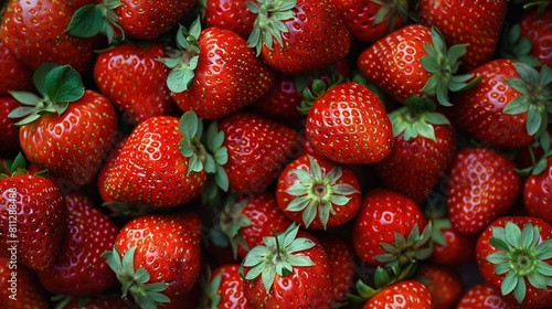   Close-up of strawberries with green leaves on top and bottom