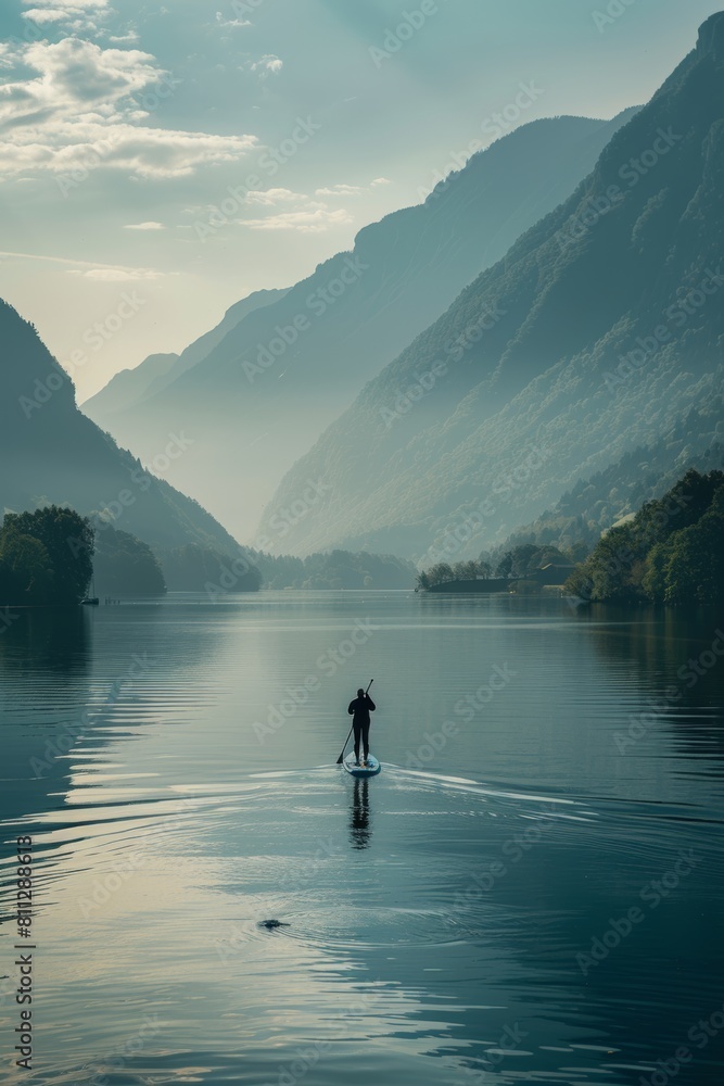Person Paddling on Surfboard in Lake Person Paddling on Surfboard in Lake