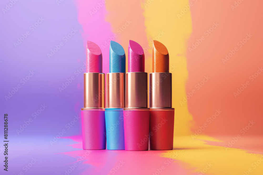 Pride-themed lipstick set. A vibrant collection of colored lipsticks displayed on a colorful background Pride-themed lipstick set. A vibrant collection of colored lipsticks displayed on a colorful background