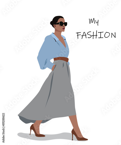 fashion illustration. Young girl wearing black glasses. Style and fashion. Young girl in skirt and heeled shoes. Vector illustration. Street fashion. 