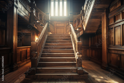 Wooden staircase in scandinavian rustic style interior design of modern entrance hall. Created with generative AI