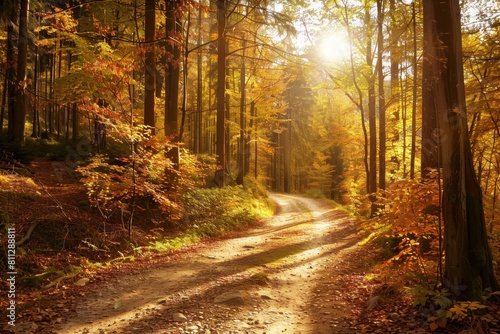 A dirt road running through a dense forest under the sunlight filtering through the trees, A peaceful path through a sun-dappled forest in peak fall colors