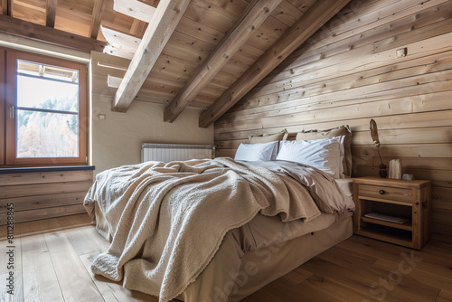 Wood bedside cabinet near bed with beige blanket. Farmhouse interior design of modern bedroom with lining wall and beam ceiling. © Lucas