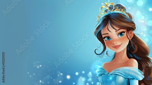 A beautiful young woman with long brown hair and blue eyes is wearing a sparkling blue dress and a golden crown. photo