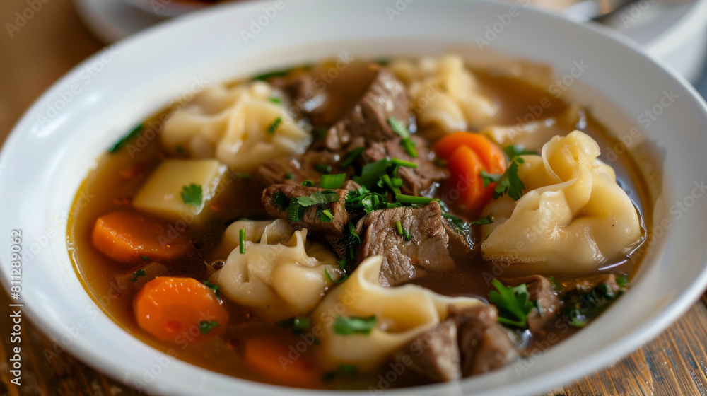 Warm, hearty bowl of mongolian beef soup with dumplings, carrots, and herbs, capturing the essence of authentic mongolian cuisine Warm, hearty bowl of mongolian beef soup with dumplings, carrots, and herbs, capturing the essence of authentic mongolian cuisine
