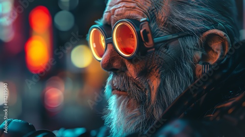 A close up portrait of an old man wearing steampunk goggles. The man's face is weathered and lined, and he has a long white beard. photo
