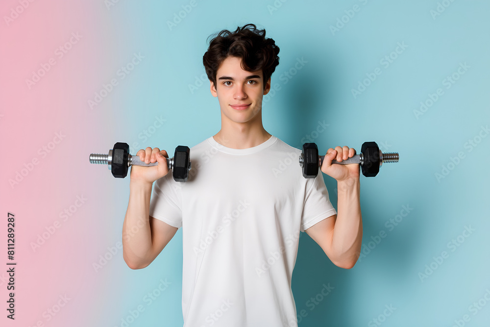 Handsome young man doing exercise with dumbbell Handsome young man doing exercise with dumbbell