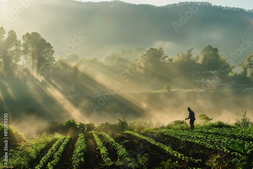 A person standing on a vibrant green field, surrounded by lush vegetation, A peaceful scene of a farmer tending to his crops in the early morning light photo