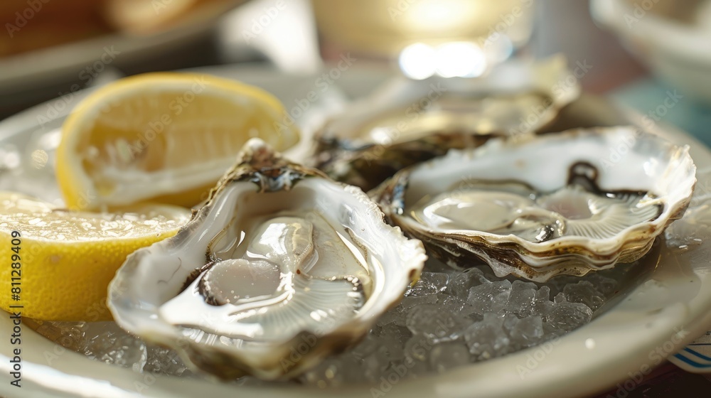 Fresh oysters served with lemon bread and butter Fresh oysters served with lemon bread and butter