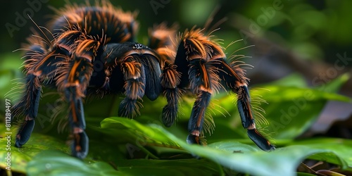 Tarantula spider displaying unique appearance as it crawls on green leaves in the rainforest. Concept Insects, Arachnids, Rainforest, Biodiversity, Wildlife Photography
