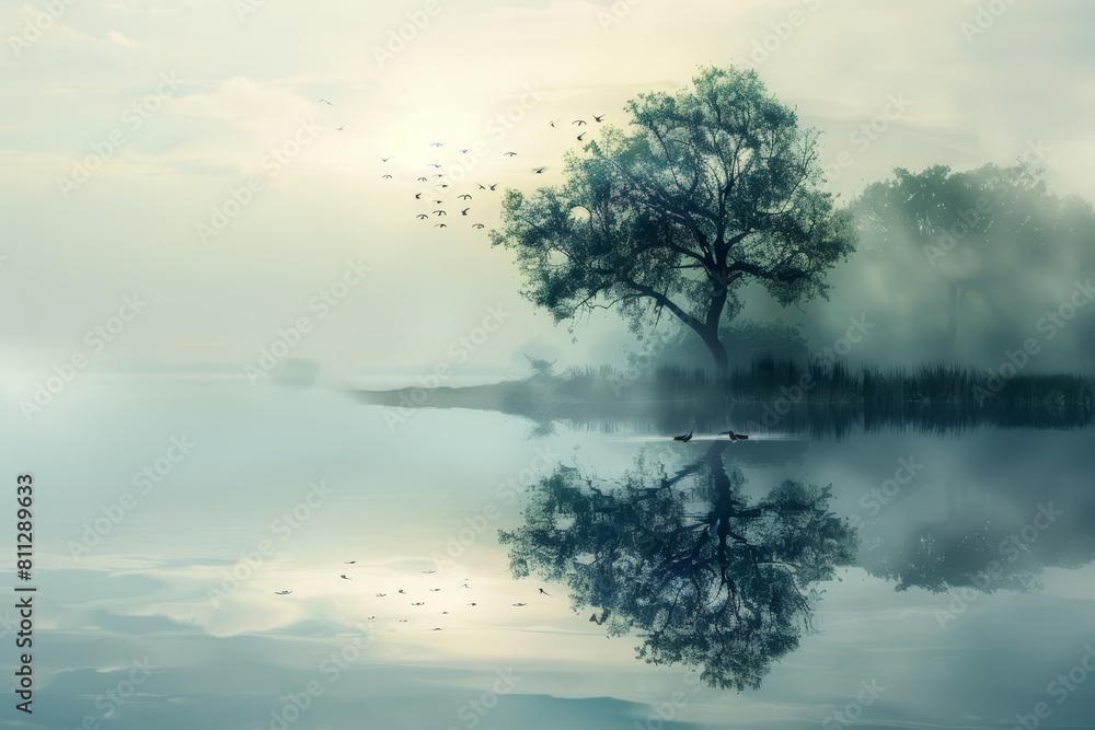 A single trees reflection on the calm surface of a lake, A peaceful stillness enveloping the world outside A single trees reflection on the calm surface of a lake, A peaceful stillness enveloping the world outside