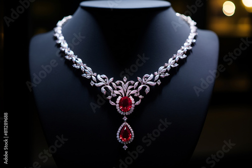 Necklace on mannequin with red stone