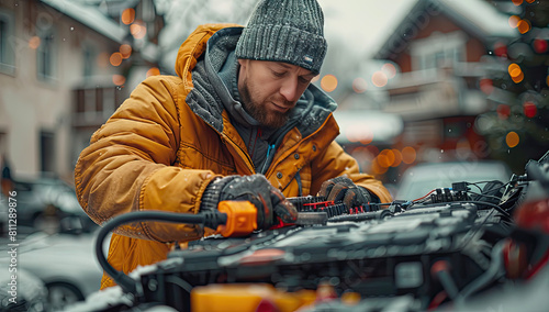 A Focused Mechanic Adjusting a Car's Engine in a Snowy Setting, Emphasizing the Importance of Seasonal Vehicle Care and Expert Technical Skill. Created with Ai