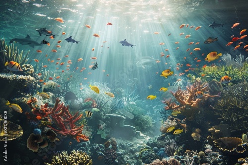 A bustling coral reef teeming with a variety of fish species in their natural habitat, A peaceful underwater scene teeming with marine life