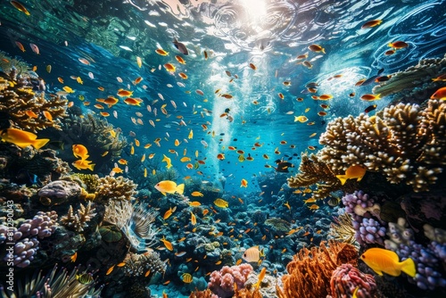 Abundance of fish swimming together above vibrant coral reef in the ocean, A peaceful underwater scene teeming with marine life