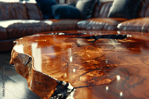 Live edge wooden coffee table close up. Interior design of modern living room. Created with generative AI photo