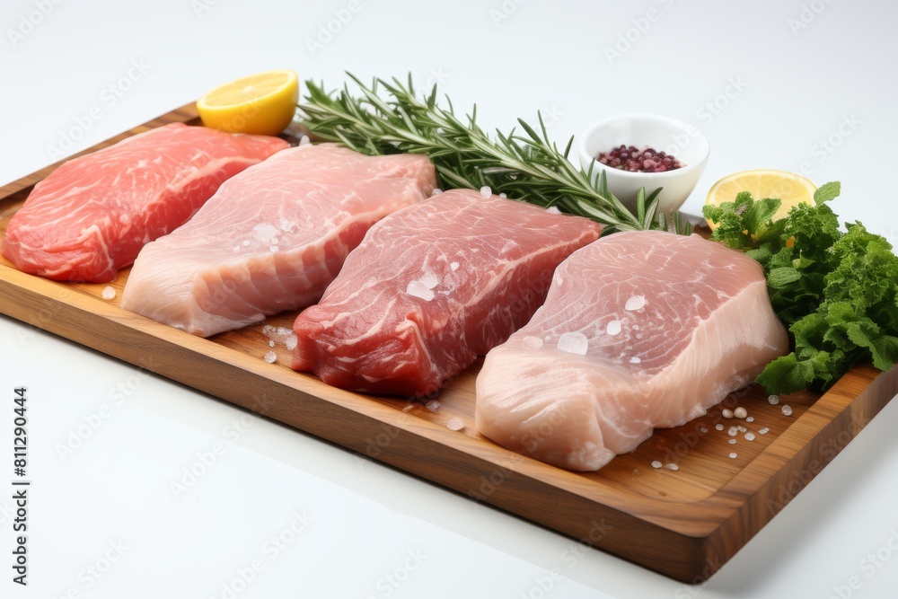 Raw turkey breast, beef steaks arranged in a row on white background Raw turkey breast, beef steaks arranged in a row on white background
