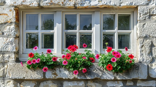   A window adorned with an assortment of flowers on the sill © Olga