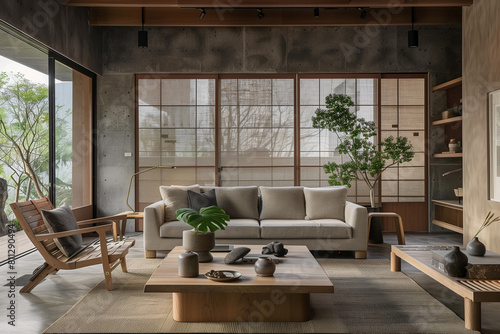 Japandi interior design of modern living room home.