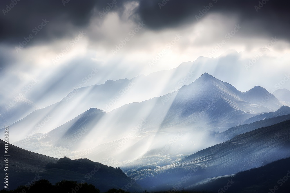 Stunning mountain landscape with sunrays piercing through dramatic clouds, highlighting the natural beauty of the peaks and valleys.