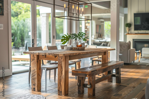 Farmhouse country boho rustic home interior design of modern dining room. Dining set with wooden bench.