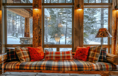 Chic and Cozy Cabin Interior with Stylish Sofa Against a Backdrop of Dense Forest. Created with AI