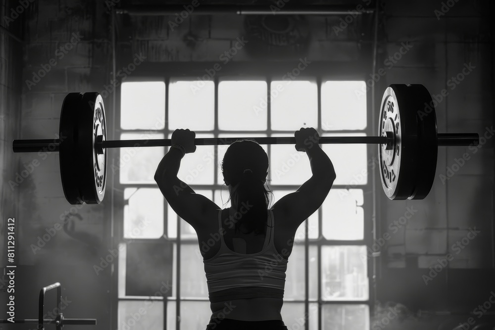 A woman lifting a heavy barbell above her head in a gym, A person lifting a heavy barbell above their head A woman lifting a heavy barbell above her head in a gym, A person lifting a heavy barbell above their head