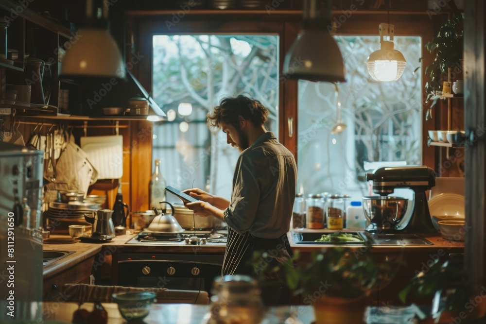 A man standing in the kitchen multitasking, using a cell phone, A person multitasking with a phone call while cooking in their kitchen-turned-office A man standing in the kitchen multitasking, using a cell phone, A person multitasking with a phone call while cooking in their kitchen-turned-office