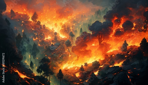 Intense forest fire engulfing trees in a dramatic blaze at dusk